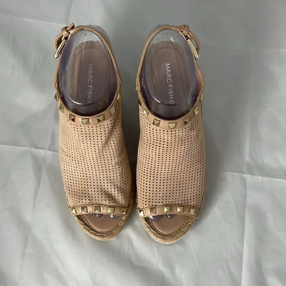 MARC FISHER Santon Tan Nude Espadrille Wedges Shoes Open Toe Gold Studded Boho 6 - Picture 7 of 12